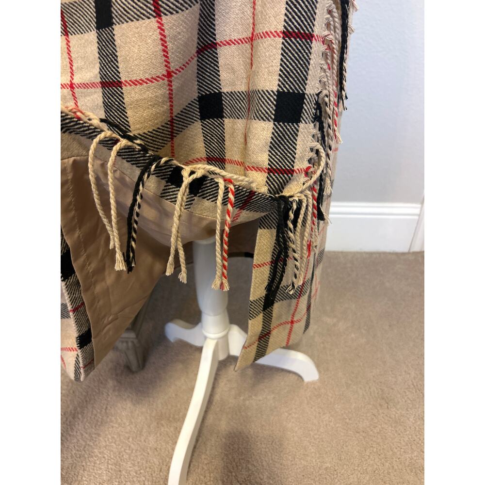 Talbots |  Wool Blend Tan Plaid Faux Wrap Midi Skirt with Fringe | 14 - Picture 9 of 10